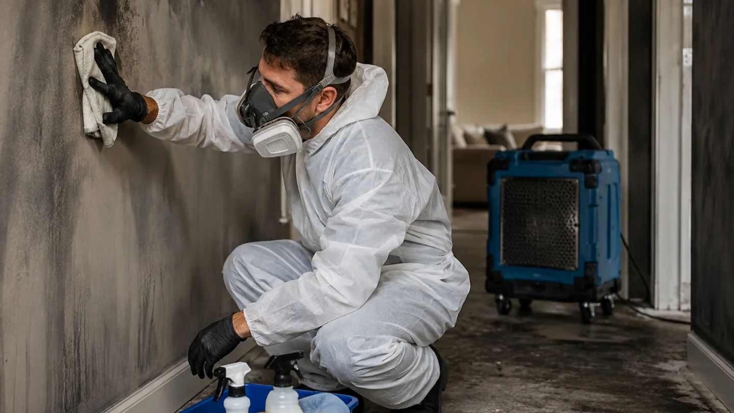 Protective technician cleaning smoke and soot residue from an interior wall